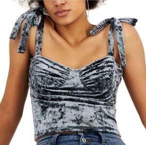 LEYDEN Grey Crushed Velvet Cropped Bustier Top Tie Straps